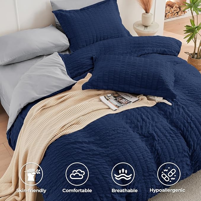 HYMOKEGE Navy Blue/Light Grey Oversized King Comforter Set Seersucker 7 Pieces, All Season Luxury Bed in a Bag for Bedroom, Bedding Set with Comforter, Sheets, Pillowcases & Shams