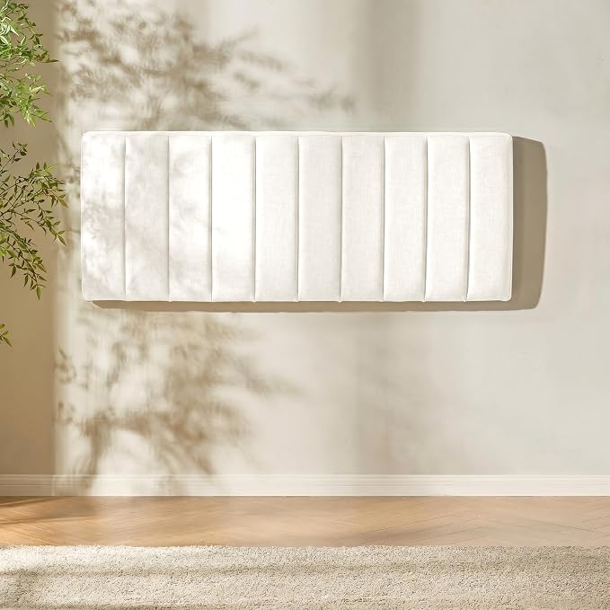 Hearth & Harbor Wall Mounted Queen Headboard Only, Bed Headboard Queen Size | Easy Assemble, Floating Peel & Stick, Upholstered Channel Stitched, 3D Wall Panels, 5 Strips of 3M Tape Included, Off White