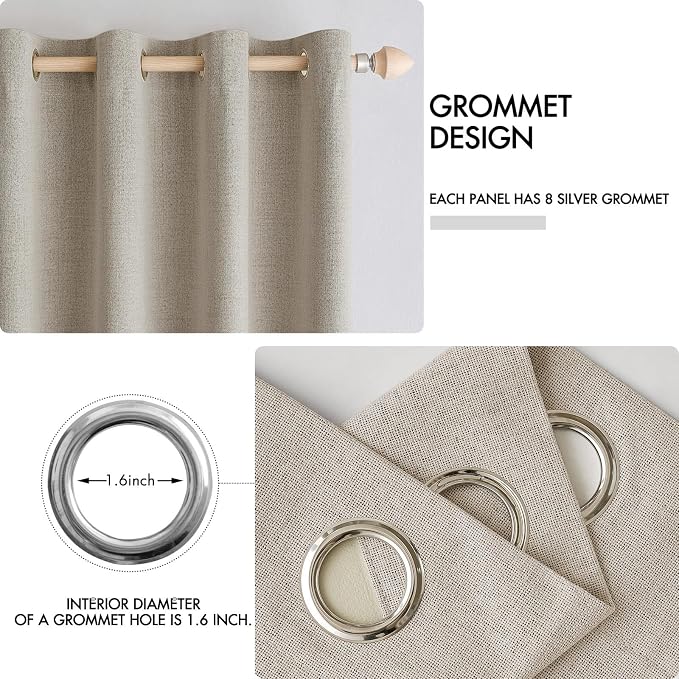 MIULEE 100% Blackout Linen Curtains for Bedroom 52x108 Inches Pebble Taupe | Room Darkening, Light Blocking, Thermal Insulated, Grommet Top, Linen Textured, Window Curtains for Living Room, 2 Panels