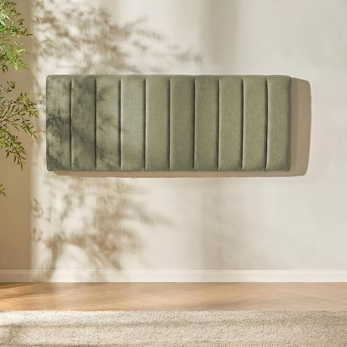 Hearth & Harbor Wall Mounted Queen Headboard Only, Bed Headboard Queen Size | Easy Assemble, Floating Peel & Stick, Upholstered Channel Stitched, 3D Wall Panels, 5 Strips of 3M Tape Included, Olive Green