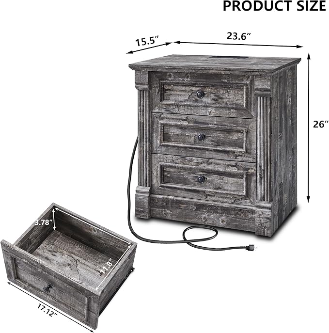 Aitjunz 26" Tall Nightstand w/Charging Station, 3 Drawers, Light Grey | Farmhouse 23.6" Wide Large End Table w/Roman Column, Wood Rustic Side Table w/Metal Handle for Bedroom, Living Room