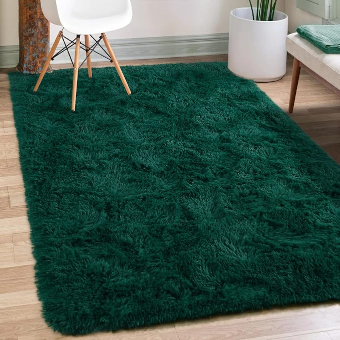 Soft Modern Indoor Shaggy Area Rug for Bedroom Livingroom Dorm Kids Room Home Decorative, Non-Slip Plush Fluffy Furry Fur Rugs Comfy Nursery Accent Floor Carpet 3x5 Feet, Deep Green
