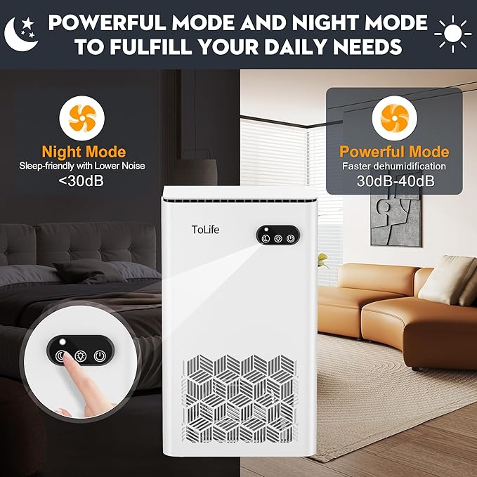 ToLife Dehumidifier, 1000 Sq Ft 95 oz Tank with Sleep Mode, Auto Shutoff | Portable for Home, Bedroom, Bathroom and Basement with 7-Color LED Light, White
