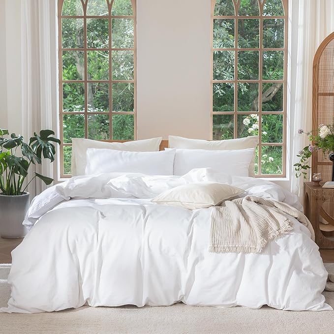 MooMee Duvet Cover Set 100% Washed Cotton Linen Like Queen | Relaxed Linen-like Texture. Soft, Breathable & Long-lasting Comfort. Lightweight. Hidden Zipper with 8 Interior Corner Ties