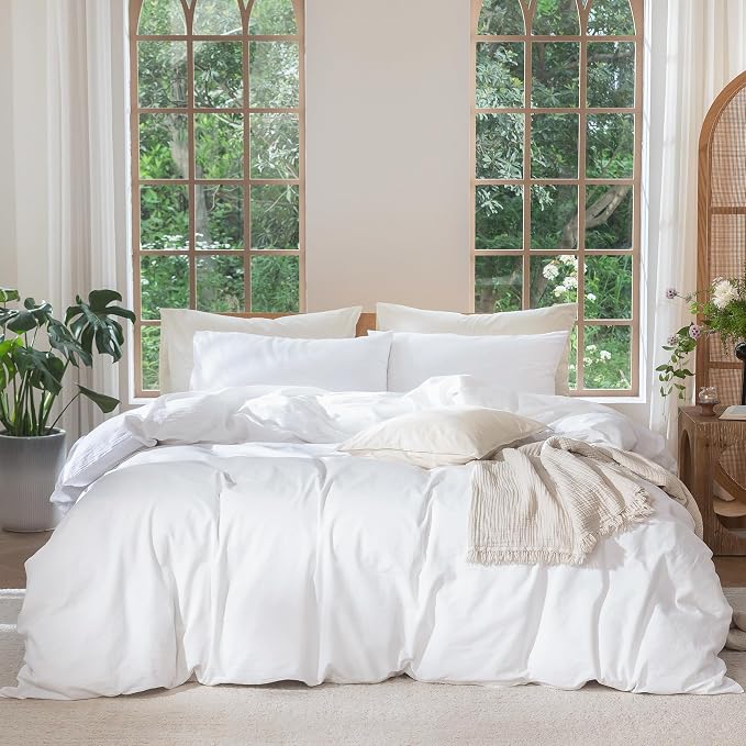 MooMee Duvet Cover Set 100% Washed Cotton Linen Like Twin | Relaxed Linen-like Texture. Soft, Breathable & Long-lasting Comfort. Lightweight. Hidden Zipper with 8 Interior Corner Ties