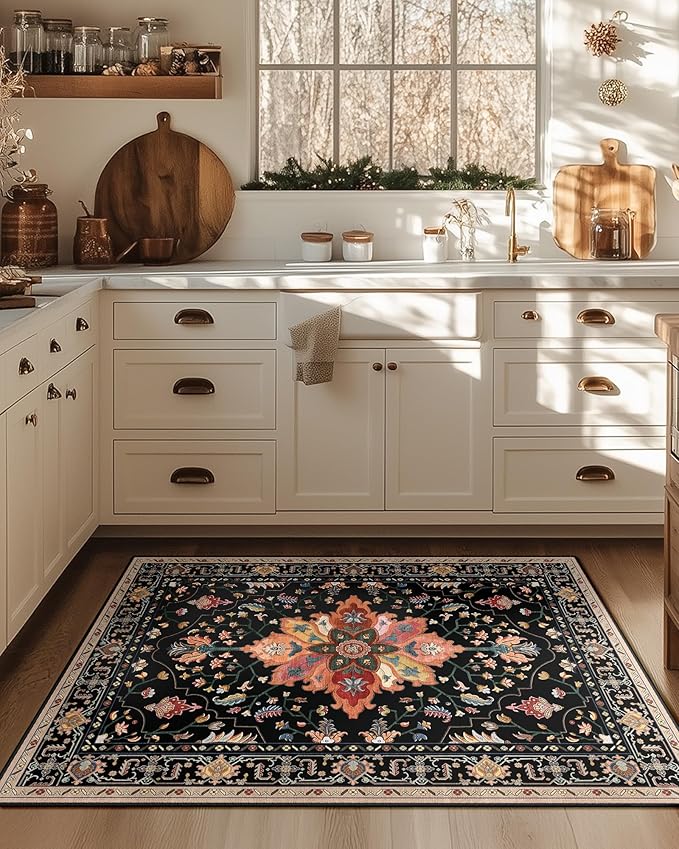 RELEANY Washable Area Rug, 3'x4', Black/Colorful | Non-Slip, Water Repellent, Pet Friendly, Easy to Clean, Vintage Floral Boho Decor for Living Room Bedroom Beside Kitchen