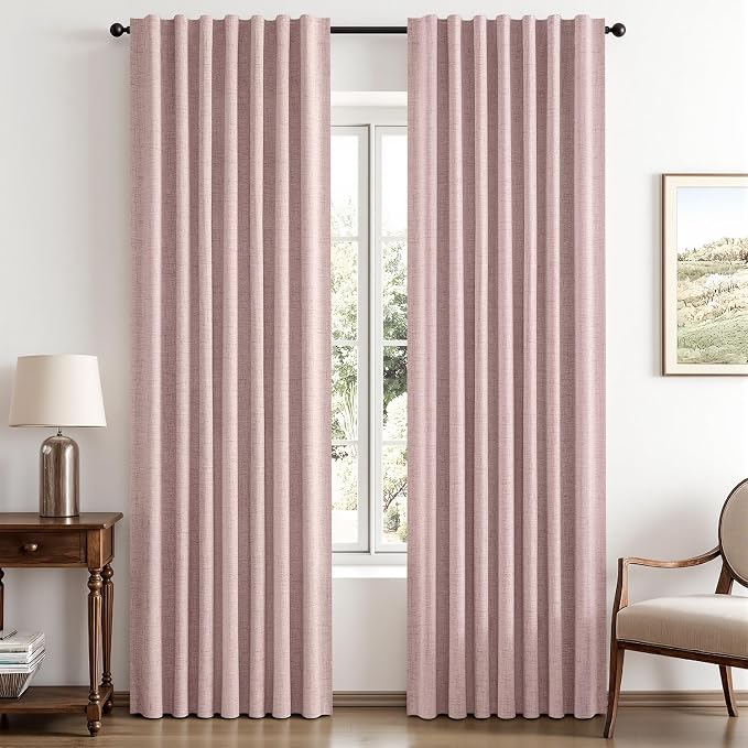 MIULEE 100% Blackout Linen Curtains for Bedroom 42 x 90 Inch Pink 2 Panels | Thermal Insulated, Room Darkening Drapes for Living Room, Back Tab Rod Pocket Pinch Pleated, Solid Luxury Decor