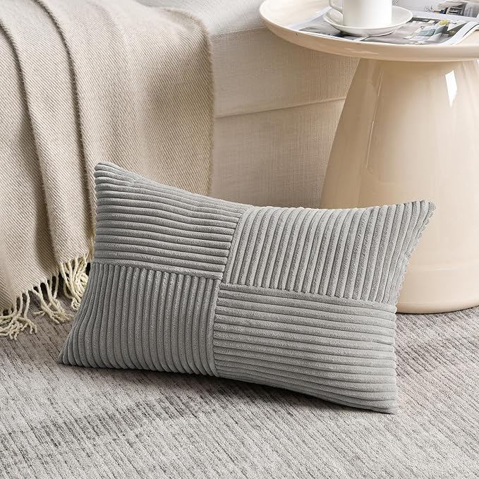 Fancy Homi 2 Packs Grey Lumbar Decorative Throw Pillow Covers 12x20 Inch for Living Room Couch Bed Sofa, Rustic Farmhouse Boho Home Decor, Soft Striped Corduroy Rectangle Accent Cushion Case 30x50 cm