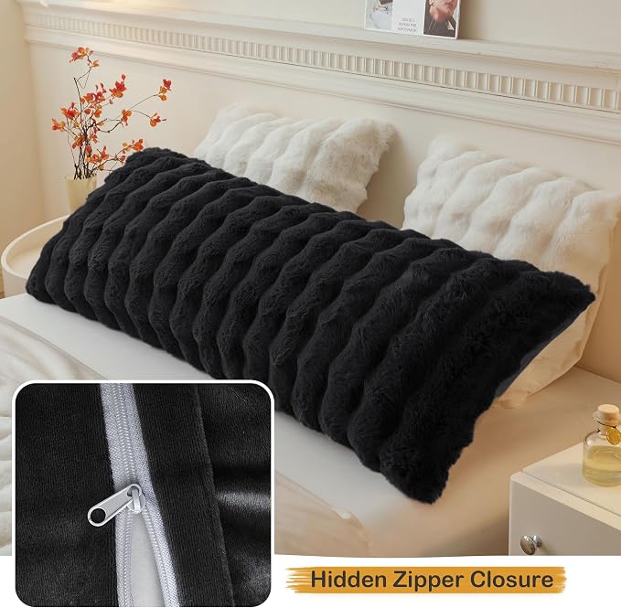 LIFEREVO Fluffy Faux Rabbit Fur Body Pillow Cover 20"x54", Black | Luxury Bubble Waffle Plush Bed Pillowcase with Hidden Zipper, Washable Fuzzy Long Pillow Case for Adults Kids Girls Teens