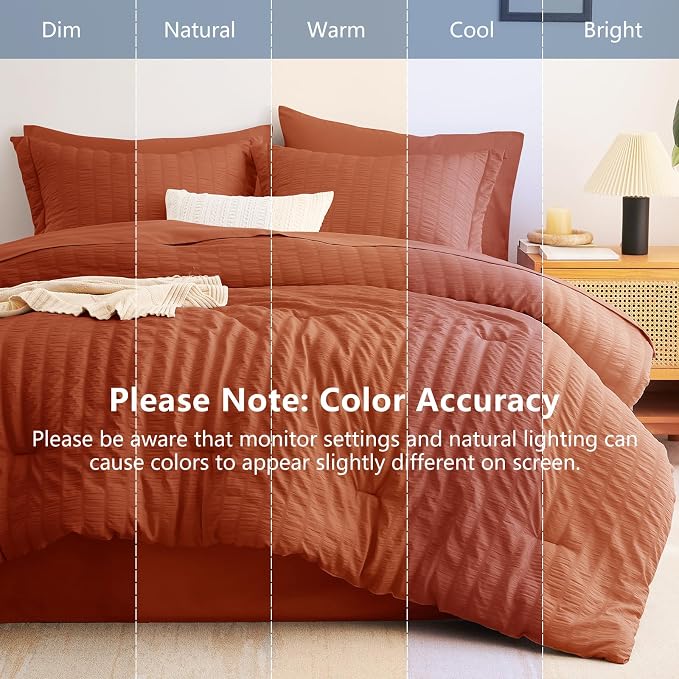 King Comforter Set, 7 Pieces Burnt Orange Seersucker Bed in a Bag | OEKO-TEX Certified, All Season Bedding Set with 240 GSM Down Alternative Comforter, Flat & Fitted Sheets, Pillowcases & Shams