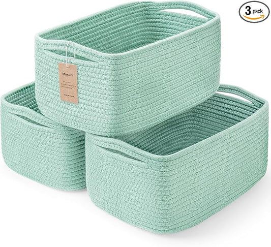 3 Pack Storage Baskets for Organizing, 13.7×9.5×6.3", Cream Green | Woven Baskets for Shelves, Cotton Rope Basket for Gifts Empty, Closet Organizer Bins with Handles, Cube Decorative Box