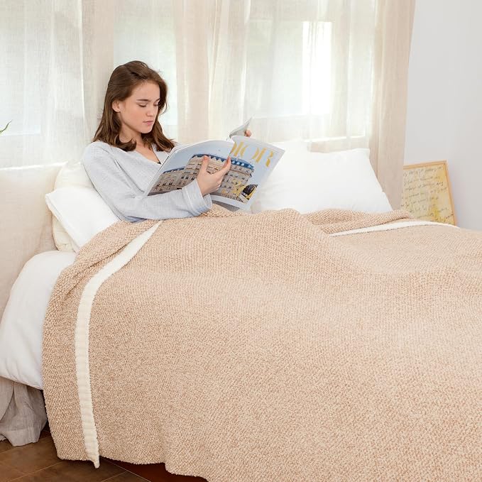 Snuggle Sac Super Soft & Reversible Heather Beige Throw - Oversized Cozy Knit Blanket for Bed, Sofa, Living Room, Twin Size (60x80 Inches)