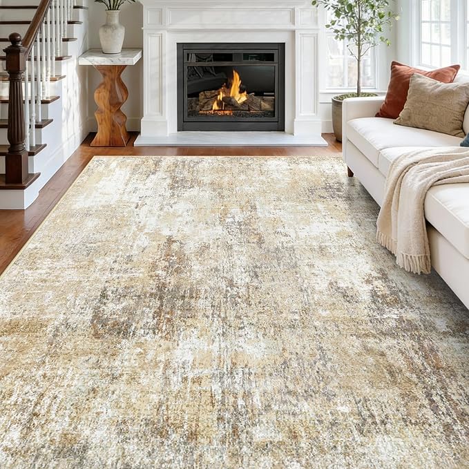 RELEANY Washable 7'x9' Abstract Area Rug for Living Room Neutral Brown | Carpet for Bedroom, Kitchen, Office, Hallway and Entryway, Printed Pattern, Non‑Slip, Soft, Stain‑Resistant, Easy to Clean