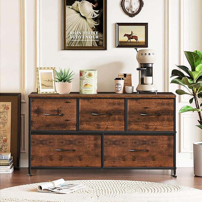 5-Drawer Dresser for Bedroom, Anti-Tip Wide Storage Organizer Fabric | Chest of Drawers TV Stand for 45" TV with Wooden Top and Metal Frame for Closet, Living Room, Hallway, Entryway, Brown