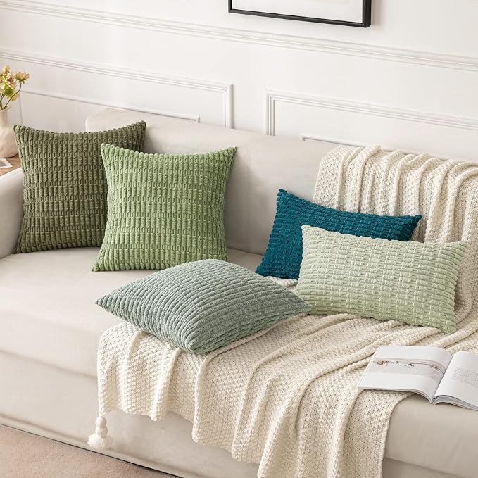 MIULEE Euro Sham Corduroy Decorative Throw Pillow Covers 24x24 Olive Green | Pack of 2 Soft Boho Striped Pillow Covers Modern Farmhouse Home Decor For Sofa Living Room Couch Bed