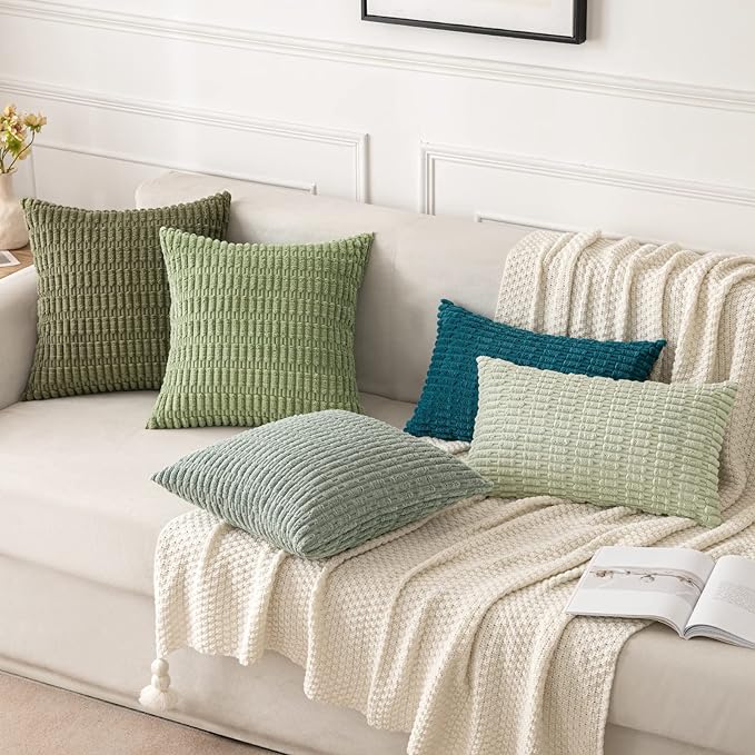 MIULEE Euro Sham Corduroy Decorative Throw Pillow Covers 24x24 Olive Green | Pack of 2 Soft Boho Striped Pillow Covers Modern Farmhouse Home Decor For Sofa Living Room Couch Bed