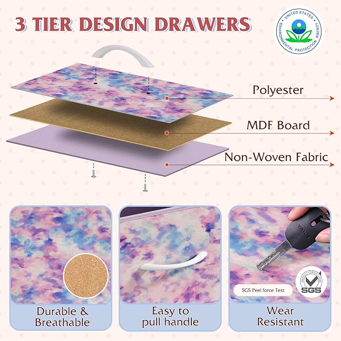 WLIVE Tall Dresser for Bedroom, 11 Drawer Chest of Drawers, Tie-Dye | 11 fabric storage drawers, Tall high-capacity design, Bedroom or dorm use, Sturdy steel frame, Smooth wood tabletop