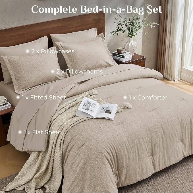 JOLLYVOGUE Khaki Full Comforter Set, Cationic Dyeing Bed in a Bag Full 7 Pieces, Double-Tone Bedding Set with Down Alternative Comforter, Sheets, Pillowcases & Shams