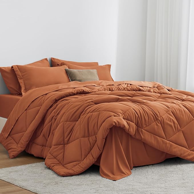 Love's cabin King Size Comforter Set Terracotta, 7 Pieces King Bed in a Bag, All Season Bedding Sets with 1 Comforter, 1 Flat Sheet, 1 Fitted Sheet, 2 Pillowcase and 2 Pillow Sham