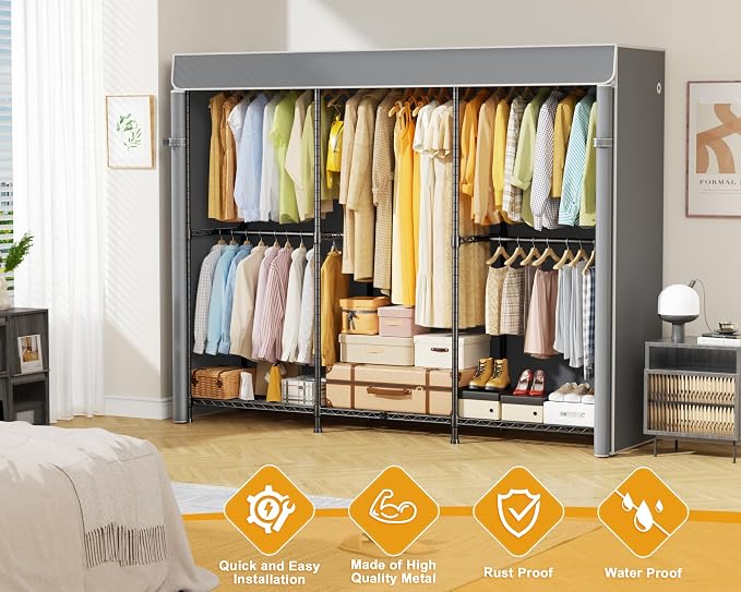 ULIFHOME E14C Pro Heavy Duty Closet Organizer System，Freestanding Clothing Racks for Hanging Clothes，Adjustable Garment Rack 69" W × 16" D × 77" H Hold 960 lbs，Black Rack with Grey Dustproof Cover