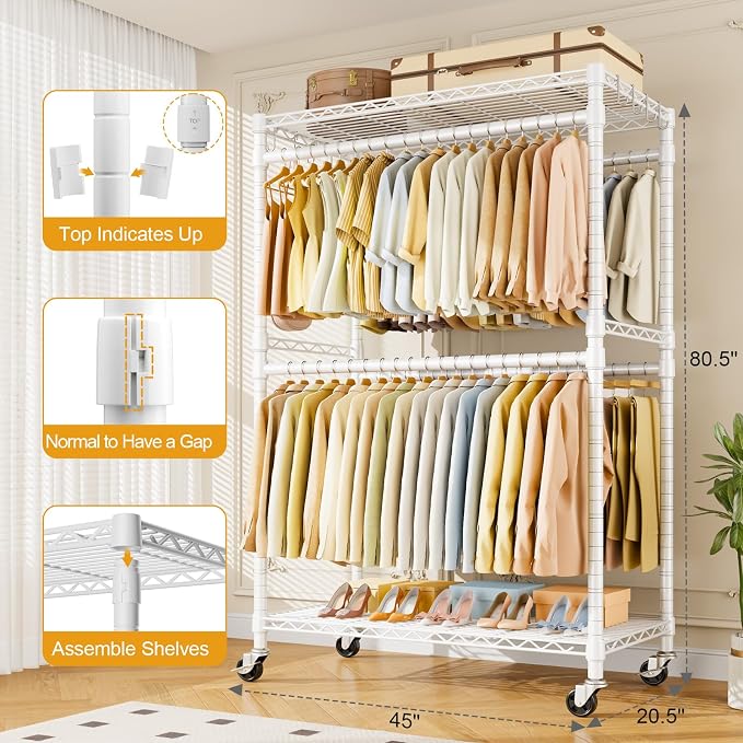 Rolling Clothes Rack, Clothing Racks for Hanging Clothes, White | P4 Plus Heavy Duty Garment Rack with Wheels, Free Standing Portable Closet Racks 45''W × 20.5''D × 80.5''H, Max Load 570 Lbs