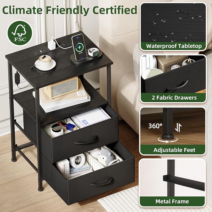 Somdot Nightstand with 2 Drawers, Charging Station & LED Light | Fabric-Bin Dresser for Bedroom, Bedside, Kids Room, Dorm, Closet, Laundry and Entryway, Black