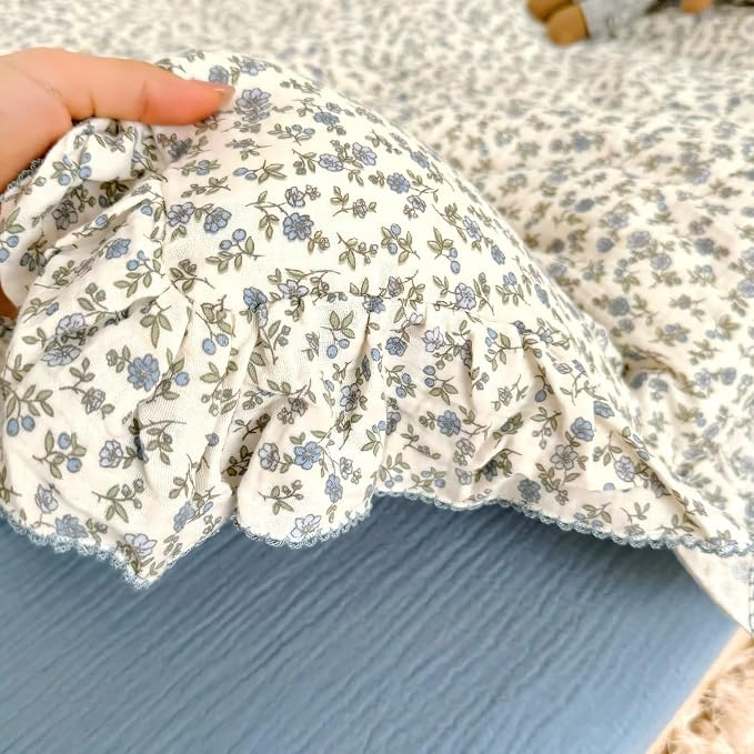 Blue Floral Toddler Kids Duvet Cover for Girls Boys 100% Cotton Muslin Quilt Cover for Toddler Bed Vintage Flower Design Duvet Cover with Ruffles, 47"x59", Pillow Case Not Included