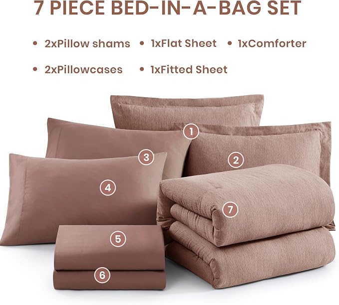 Monbix Full Comforter Set 7 Pieces Dusty Pink Cationic Dyeing Bed in a Bag | Lightweight Reversible All Season Bedding Sets with Comforter, Sheets, Pillowcases & Shams