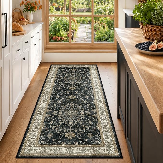 RELEANY Washable Area Rug, Runner 2'x6', Black/Vintage/Beige | Non-Slip, Water Repellent, Pet Friendly, Easy to Clean, Vintage Floral Boho Decor for Kitchen Entry Bedroom Bedside Laundry