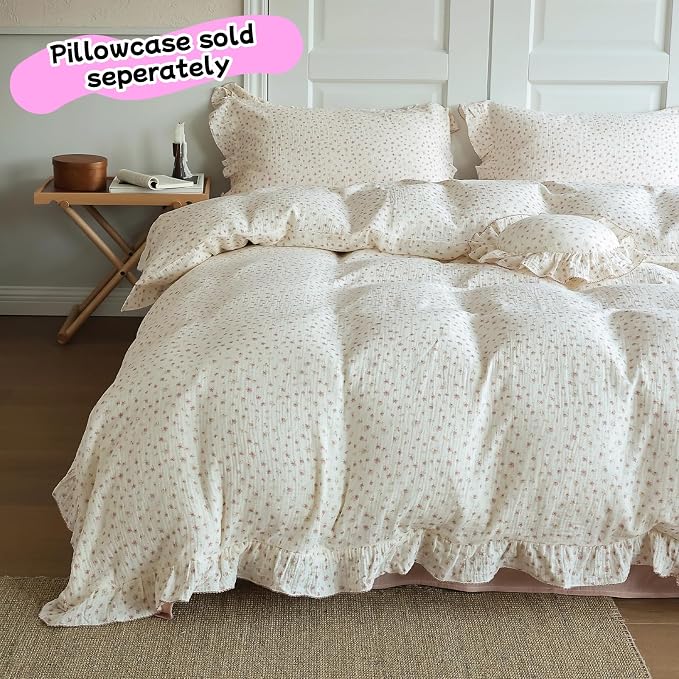 Princess Ruffled Muslin Duvet Cover for King Bed, 100% Cotton Bedding Soft Lightweight Quilt Cover with Zipper, Chic Shabby Pink Floral Print Comforter Cover 90"x104", No Pillow