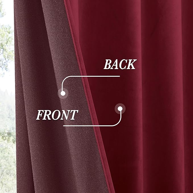 RYB HOME Velvet Curtains 90 inches Long for Sliding Patio Door | Thermal Insulated， Privacy UV Heat Blocking, Back Tab, Room Divider for Space Separation, W62 x L90, Burgundy Red, 2 Panels