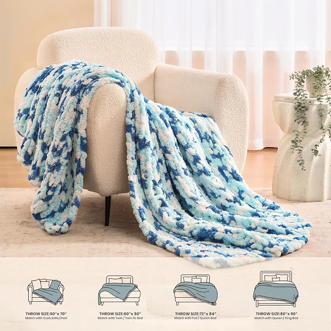 L'AGRATY Chunky Knit Throw Blanket for Couch, 50 x 60 Inches, Blue White | Handmade Chenille Crochet Blanket for Sofa Bed, Thick Cable Knitted Blankets for Room Home Decor, Birthday Gift for Women Mom