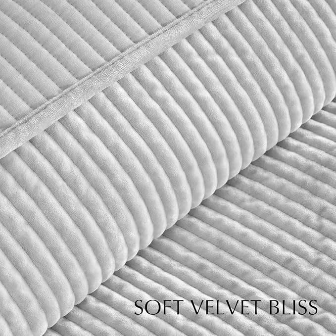 EverGrace Striped Channel Velvet Quilt Set, Queen Size, Frost Gray | Luxurious Soft Lightweight Velvet Comforter, Oversized Bedspread Coverlet, Quilted Bedding Set for All Season, with 2 Shams