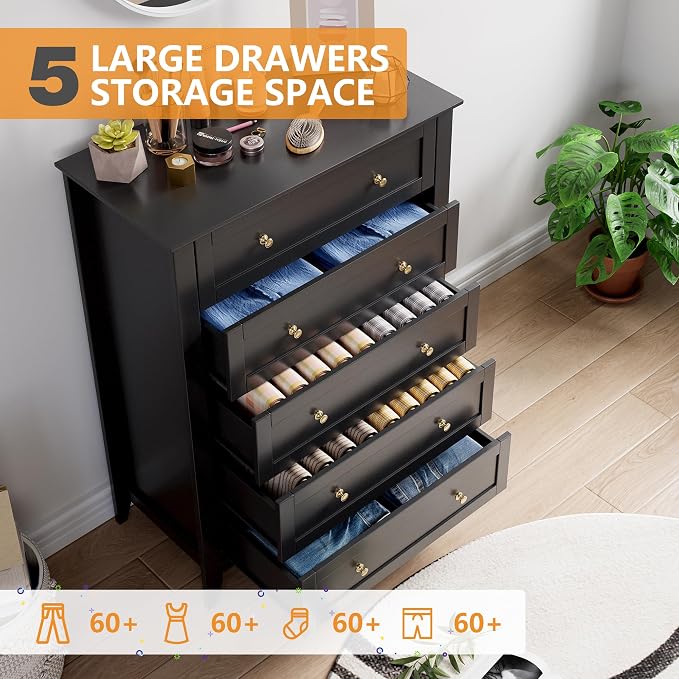 Garvee Black 5-Drawer Dresser for Bedroom, 42.7"H Storage Drawers Organizer | Modern Lacquered Chest of Drawers, 15.8"D x 31.5"W x 42.7"H, Storage Dresser with Deep Drawers for Home Office