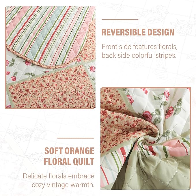 Quilt Set Queen Size, Bedspread Sets Warm Orange Floral, Reversible Quilt Bedding Set Lightweight and Breathable for All Seasons, Soft Quilted Bedspread with 2 Pillow Shams