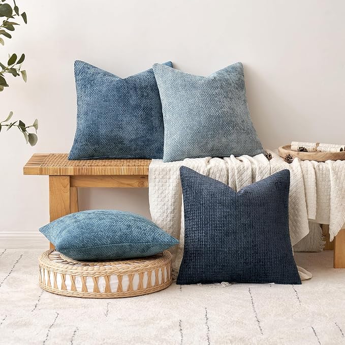 MIULEE Decorative Coastal Blue Euro Sham Pillow Covers 24x24 Inch 2 Pack | Modern Boho Accent, Soft Chenille Pillow Covers, Farmhouse Cushion Cases for Home Decor Bed Sofa Living Room
