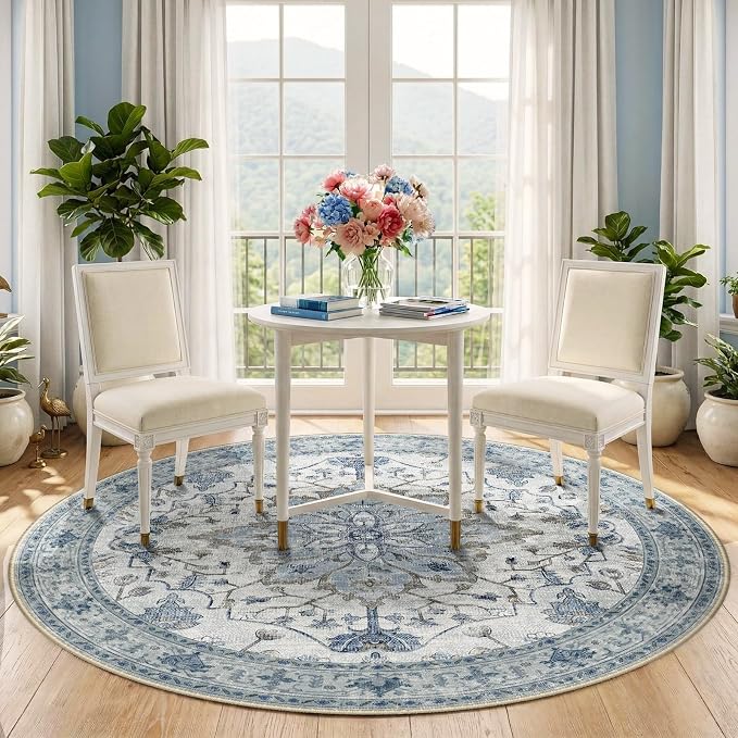 RELEANY Washable Area Rug, Round 5ft, Blue/White/Gray | Non-Slip, Water Repellent, Pet Friendly, Easy to Clean, Vintage Floral Boho Decor for Living Room Bedroom Dining Room