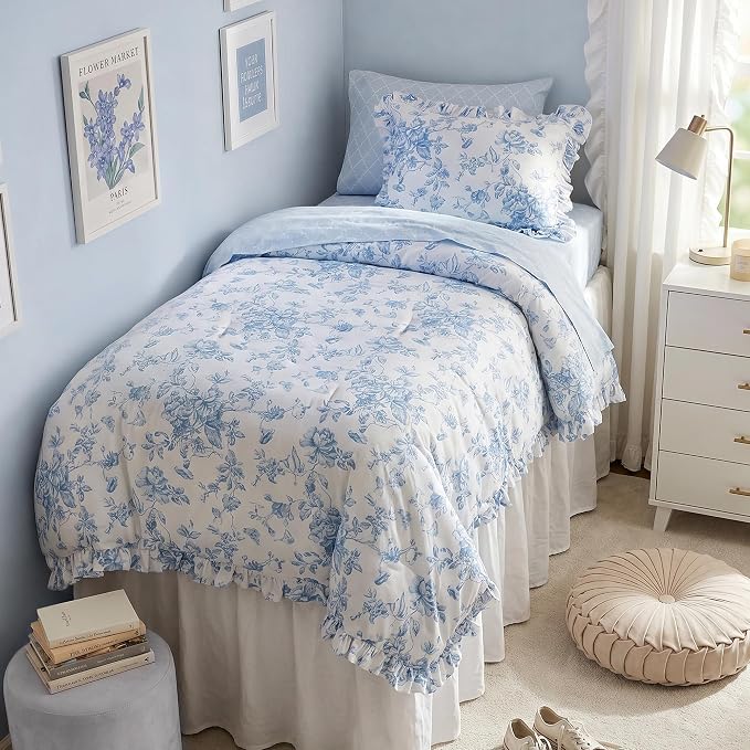 Madison Park Essentials Blue Floral Comforter Set with Sheets Twin XL,5pc | Reversible, Elegant College Dorm Bedding, Ruffle Bed in a Bag, All Season, Machine Washable, Wrinkle Resistant, Ultra Soft