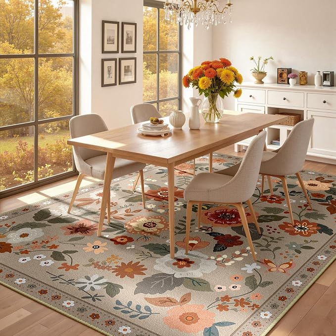 RELEANY Floral Washable 6x9 Area Rugs Brown/Brick | Flower Carpet, Print, Boho, Non-Slip, Easy to Clean, Soft, Low Pile for Living Room Bedroom Kitchen Office Entryway Hallway