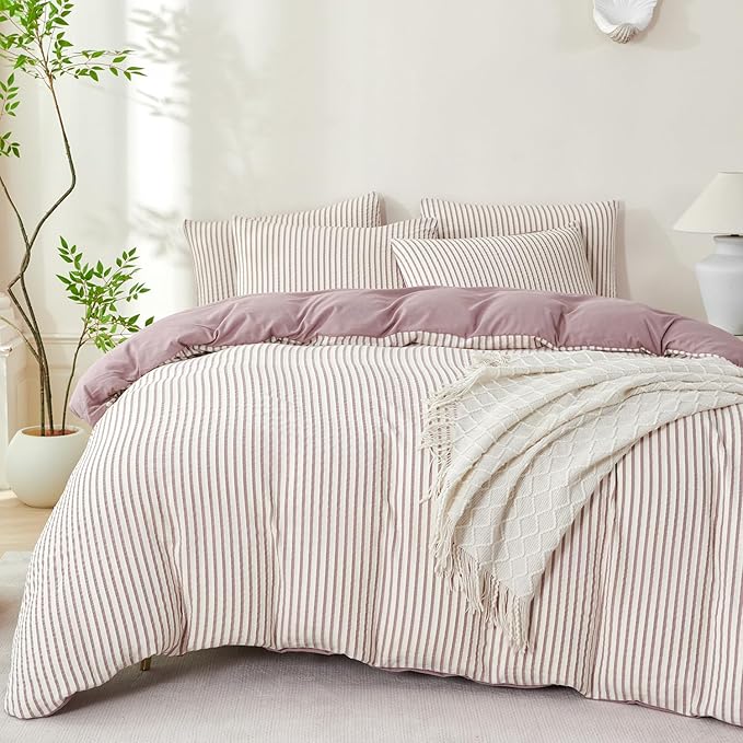 Comforter Set King Purple Soft Luxury Washed Microfiber Jacquard 3 Pieces Bedding, White Grayish Purple Vertical Ticking Stripes Pattern Comforter with 2 Pillowcases Breathable Durable Comfy