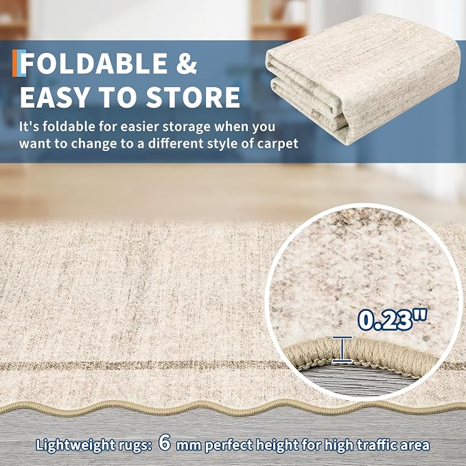 GarveeHome Scalloped Washable Round Rugs Non-Slip Round Rug 4 ft, Beige | Soft Ultra-Thin Small Boho Circle Stain Resistant Low Pile Carpet for Entryway Kitchen Bedroom Nursery Bathroom