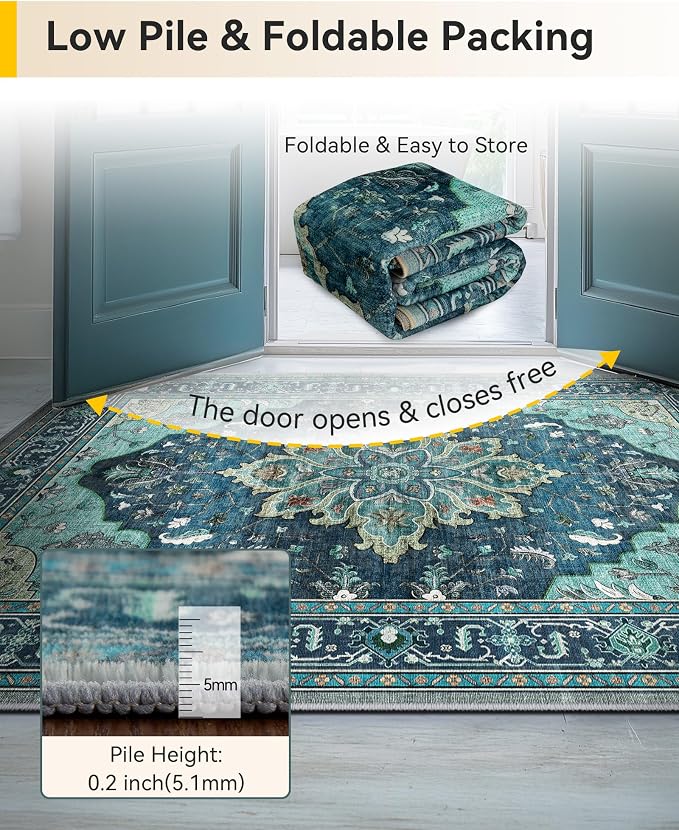 RELEANY Washable Area Rug, Runner 3'x10', Teal | Non-Slip, Water Repellent, Pet Friendly, Easy to Clean, Vintage Floral Boho Decor for Kitchen Hallway Laundry Living Room