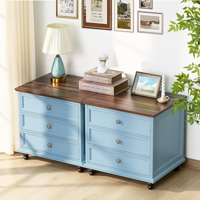 Joaxswe 24" Wide Farmhouse Night Stand Set of 2,Large End Table with 3 Drawers & Metal Handle,Wood Dresser for Bedroom Cabinet,Light Blue Bed Side Table Chest of Drawers,Nightstand for Living Room