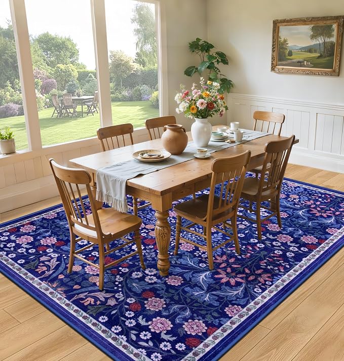 PLHXFR 8x10 Area Rug Living Room: Floral Washable Boho Soft Carpet Blue | For Bedroom Dining Room Farmhouse Nursery Hallway,Vintage Floral,Machine washable,Non Slip,Stain Resistant,Large Indoor