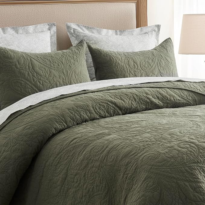 EVERGRACEHOME 100% Cotton Paisley Quilt Set, King Size, Olive Green | Prewashed for Softness, Year-Round Breathability, Gift-Ready Box, Matelasse-style Quilted Coverlet, 3 Piece Set with 2 Shams