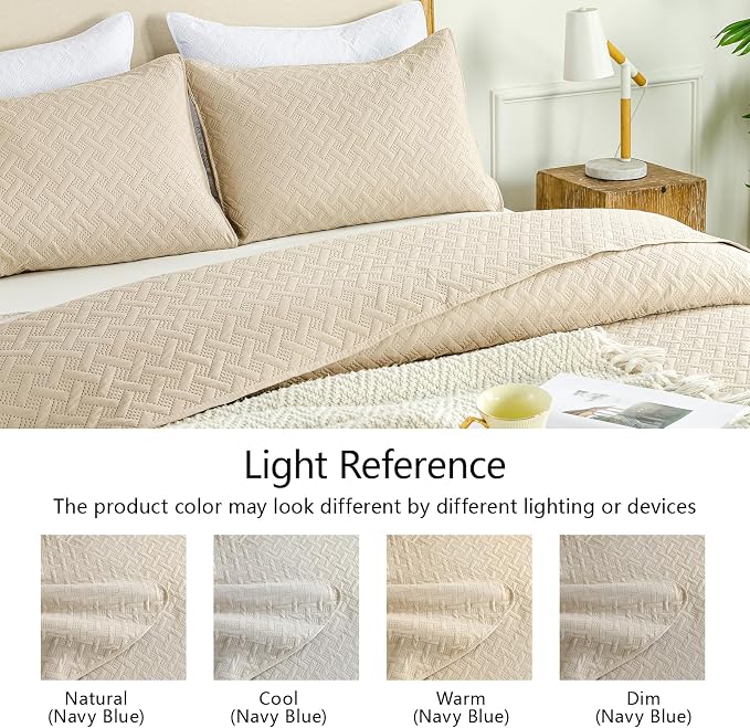 FLYMME Beige King Quilt Bedspreads,Modern Style Geometric Weave Stripe Pattern, 3 Pieces Lightweight Bedding Sets, Microfiber Quilted Comforter Coverlet for All Season (1 Quilt, 2 Shams)