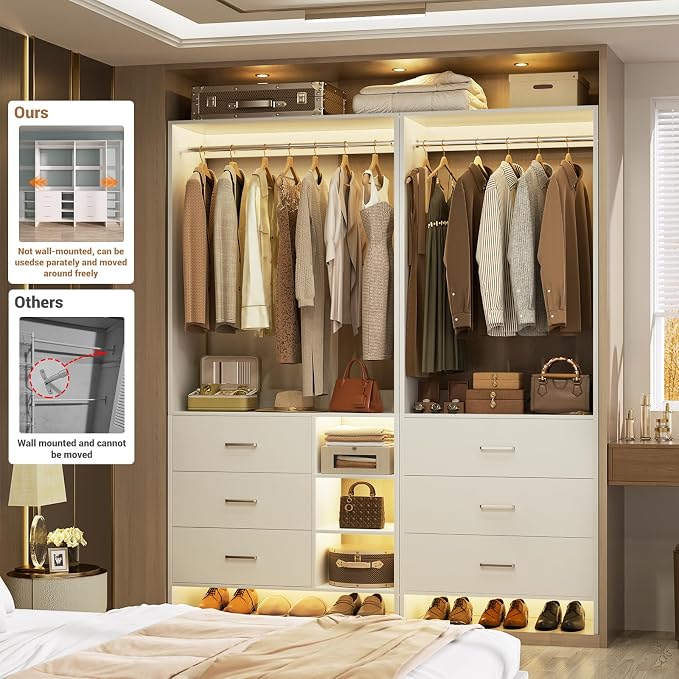 Aheaplus Closet System with 6 Drawers, 4.5ft, Set of 2, White | Wood Closet Organizer System, Walk-in Closet or Small Closets Wardrobe, Clothes Rack with Hanging Rods, Set of 2