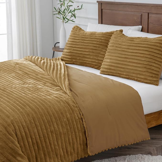 BEDELITE Fleece King Comforter Set, Fluffy Bed Set, Brown | Super Soft & Warm Bedding, Luxury Fuzzy Faux Fur Comforter for Winter, Heavy Plush Bedding, with 2 Pillowcases