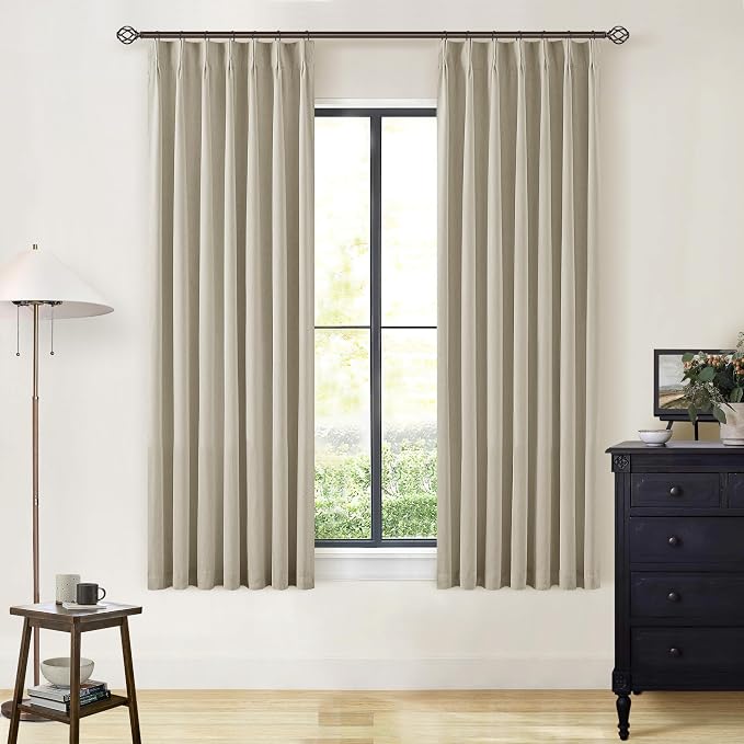 Burlywood Birch 63 Inch Blackout Pleated Linen Curtains with Liner 40x63 | Memory Trained, 100% Black Out, Thermal Insulated, UV Blocking, Noise Reducing Curtains for Small Window Bedroom 2 Panels