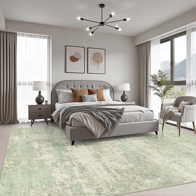 5x8 Area Rug Living Room: Modern Washable Soft Carpet Green Cream | For Bedroom Dining Room Farmhouse Nursery Hallway Office,Modern Abstract,Machine washable,Non-Slip,Stain Resistant,Indoor